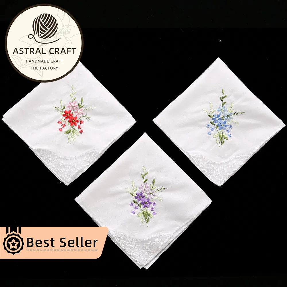 Custom 28cm Embroidered Cotton Handkerchief New White Dinner Lace Linen Napkins