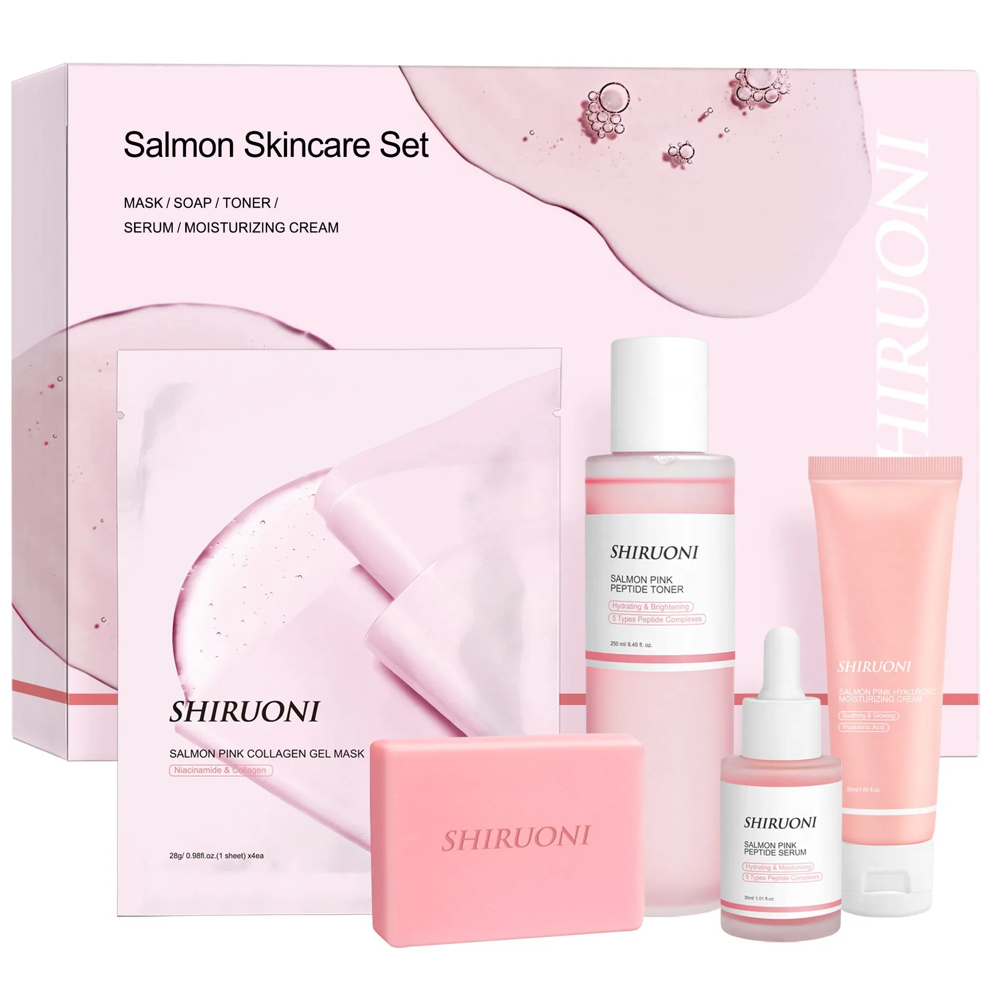 Private Label Korean Skin Care Set Moisturizing Salmon Serum Dropper Pdrn Mask Toner Soap Cream Skincare Set