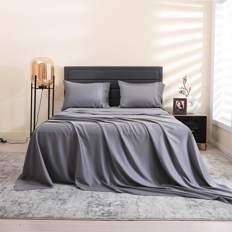 High Grade Sabanas Grey 300tc Bamboo Fiber Duvet Comforter Quilt Cover 60s Skin-Friendly Solid Color Flat Sheet Guangdong Home Hotel Textile Bedding Set