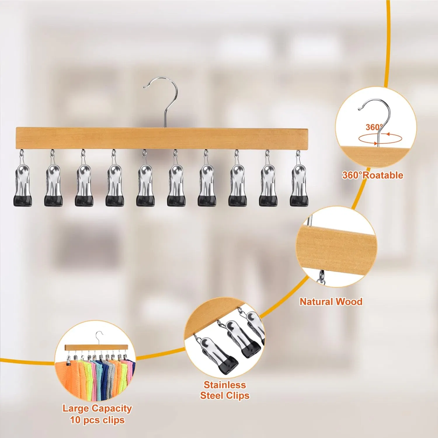 Legging Organizer for Closet Wooden Hangers with 12 Metal Clips