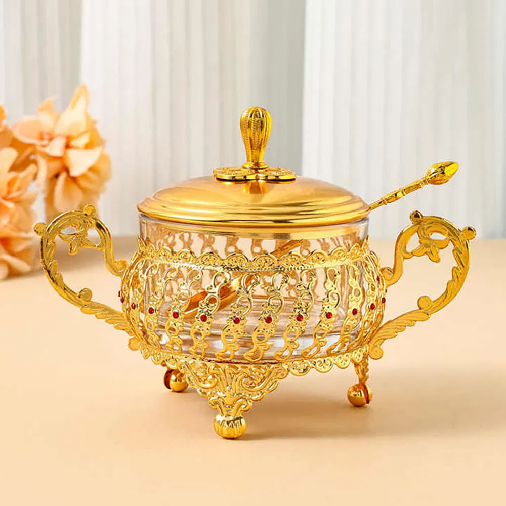 Сахарница с крышкой и ложкой, золотая, 15 см