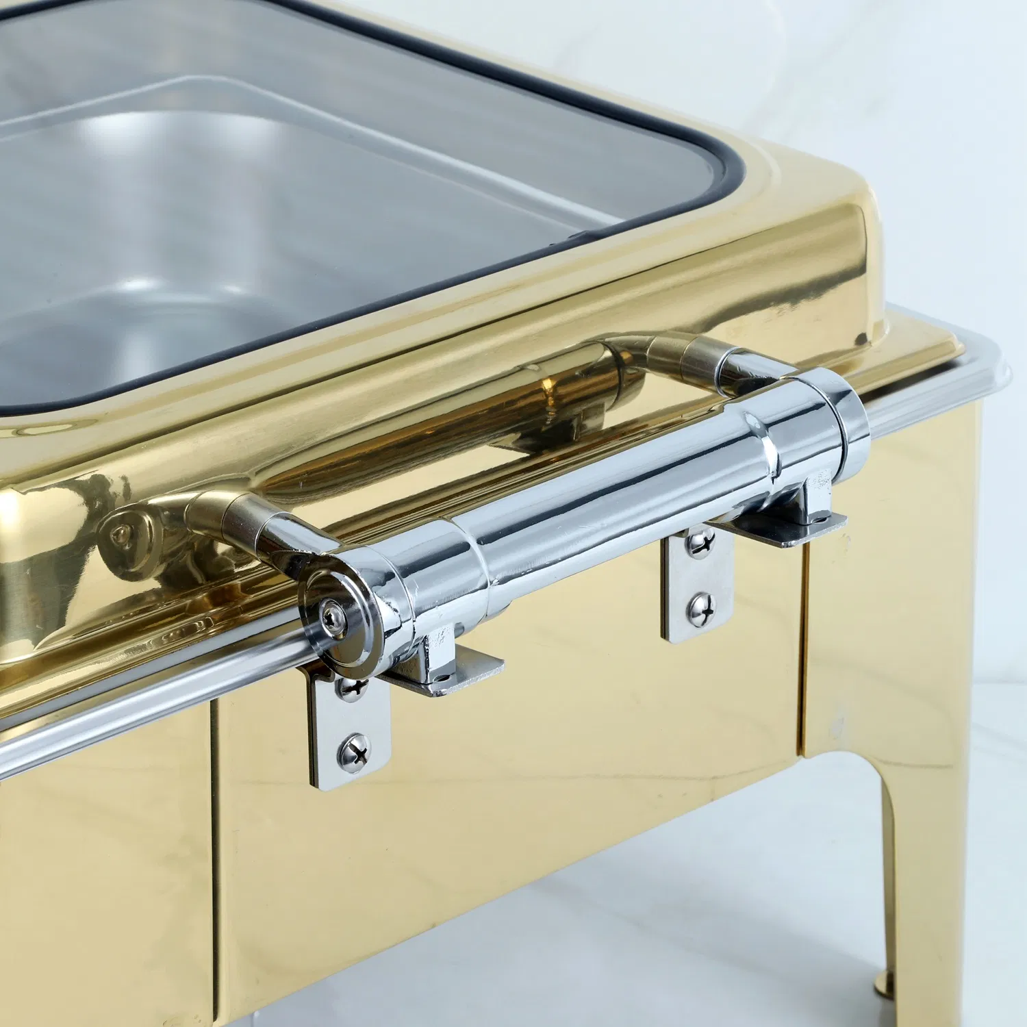 Gold Luxury Commercial Fuel Food Warmer Stainless Steel Chafing Dish with Modern Hotel Restaurant Buffets Square Glass Lid