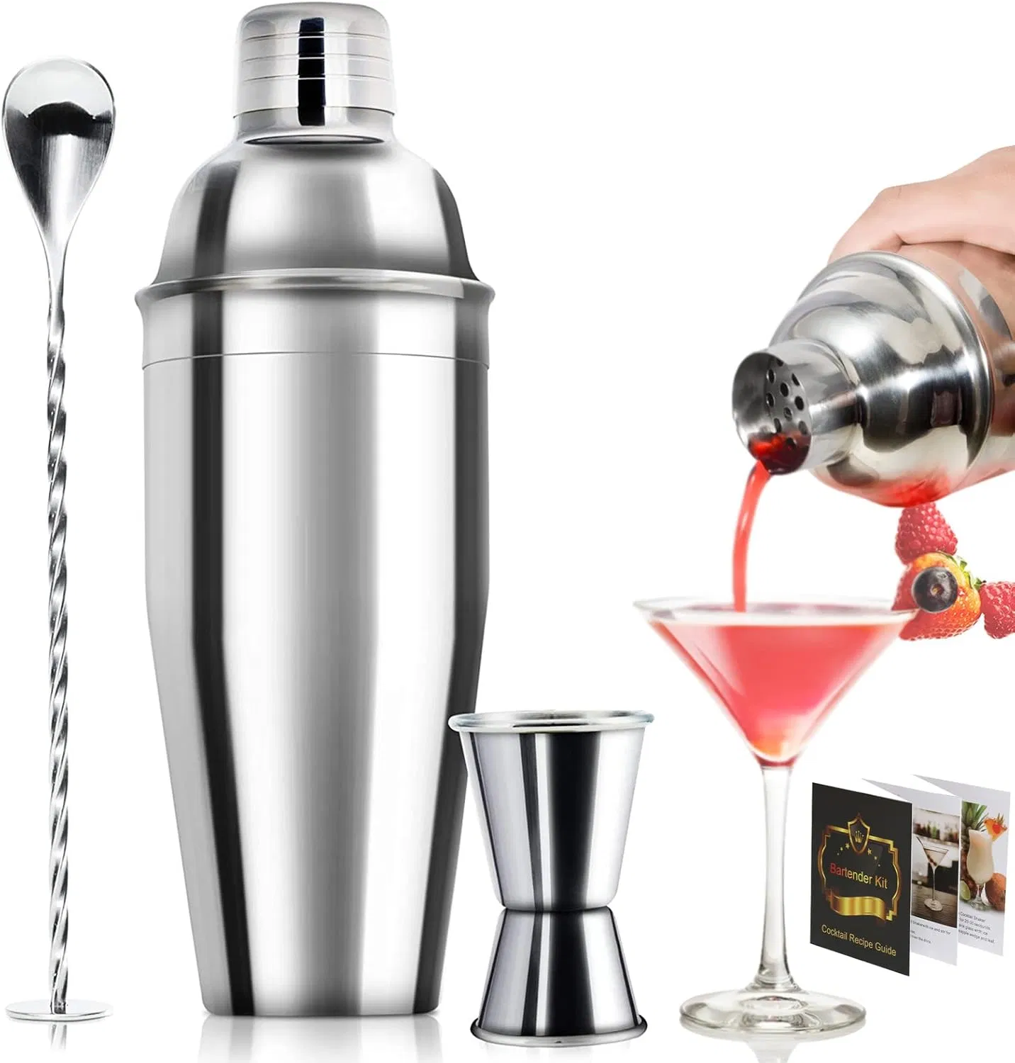 24oz Cocktail Shaker Bar Set Professional Margarita Mixer Drink Shaker and Measuring Jigger&Mixing Spoon Set Professional Stainless Steel Bar Tools Bartender
