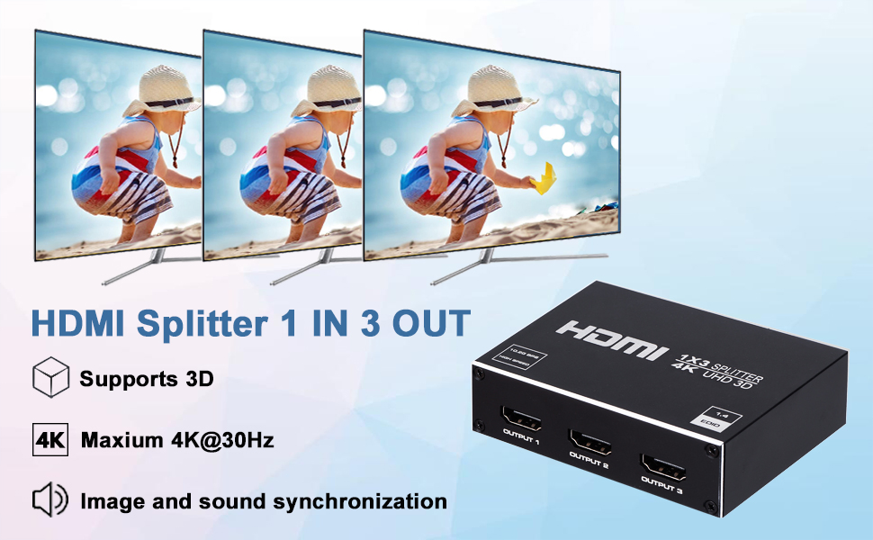 1X3 HDMI Splitter, 1 in 3 out HDMI Splitter Audio Video Distributor Box