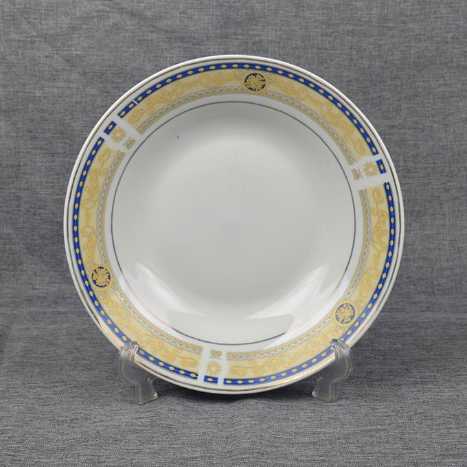 9"Soup Plate with Round Decal with Gold Line Porcelainware Ceramics Tableware