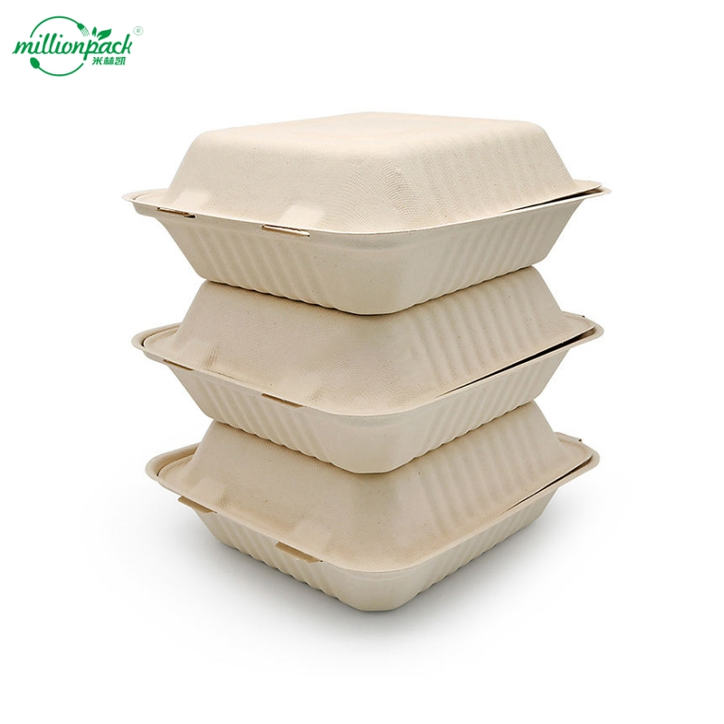 Eco-Friendly Bagasse Square Lunch Box for Offices with Divided Compartments