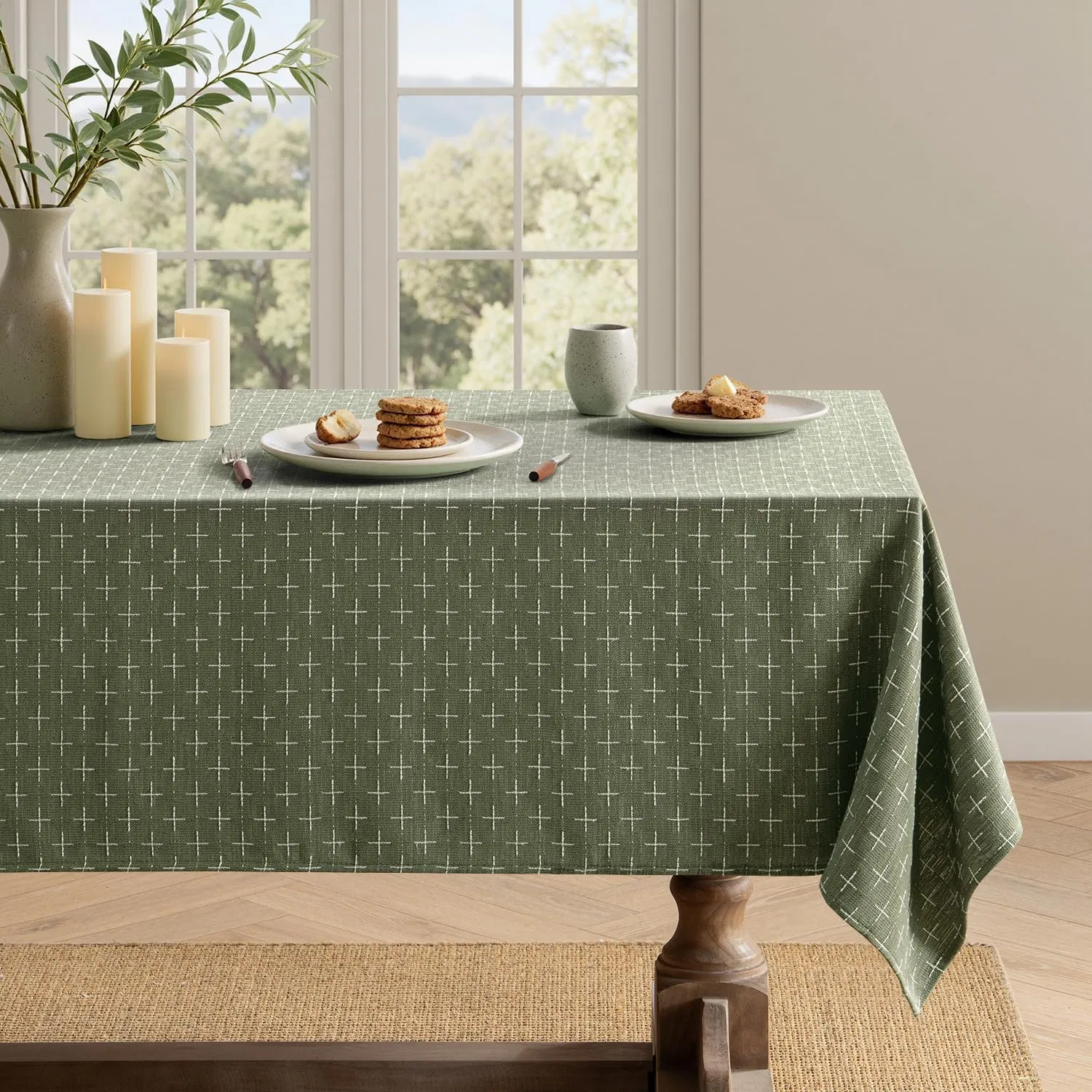 Linen Rectangle Waterproof Spillproof Cross-Star Textured Tablecloth