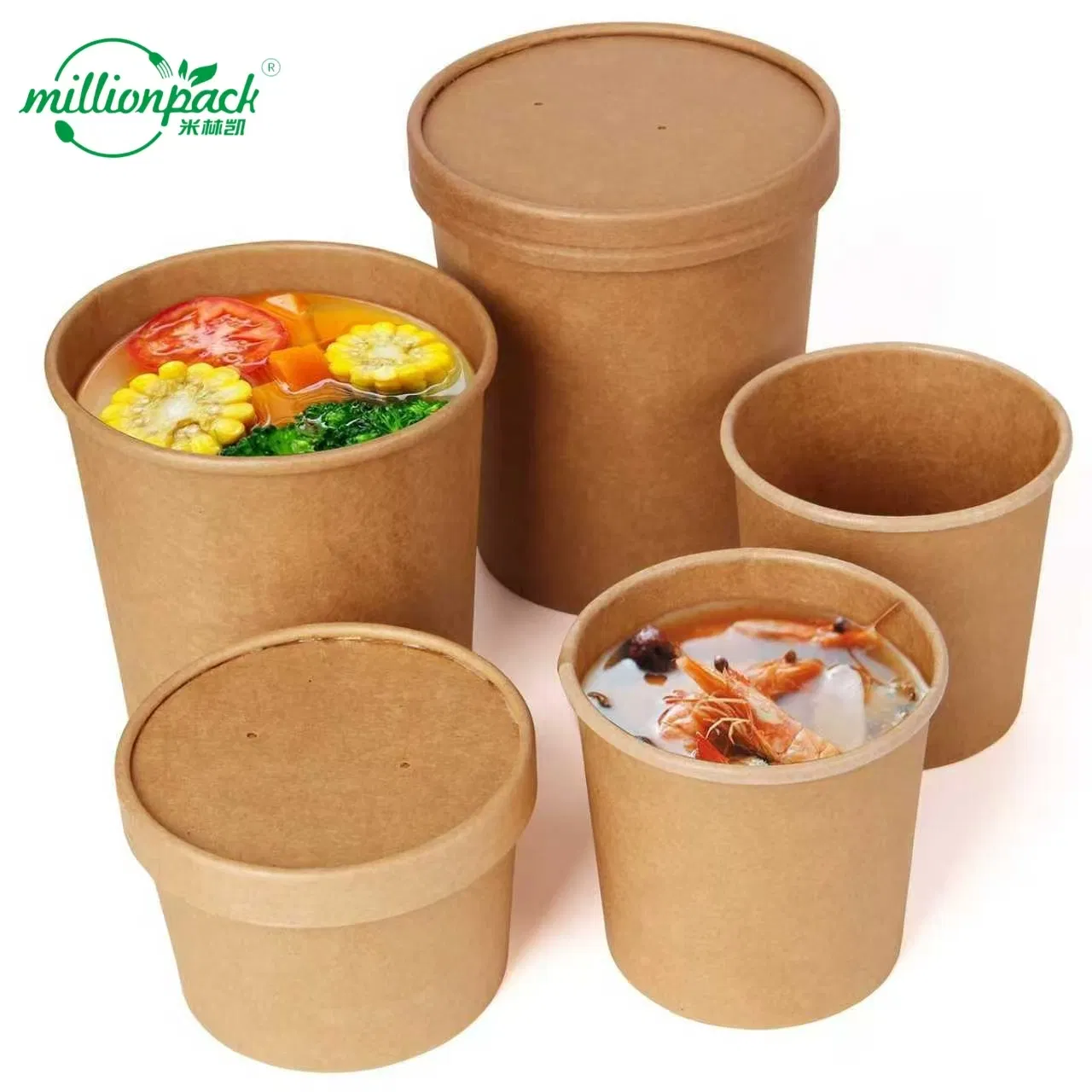 Kraft Paper Soup Container with Lid for Takeaway Packaging