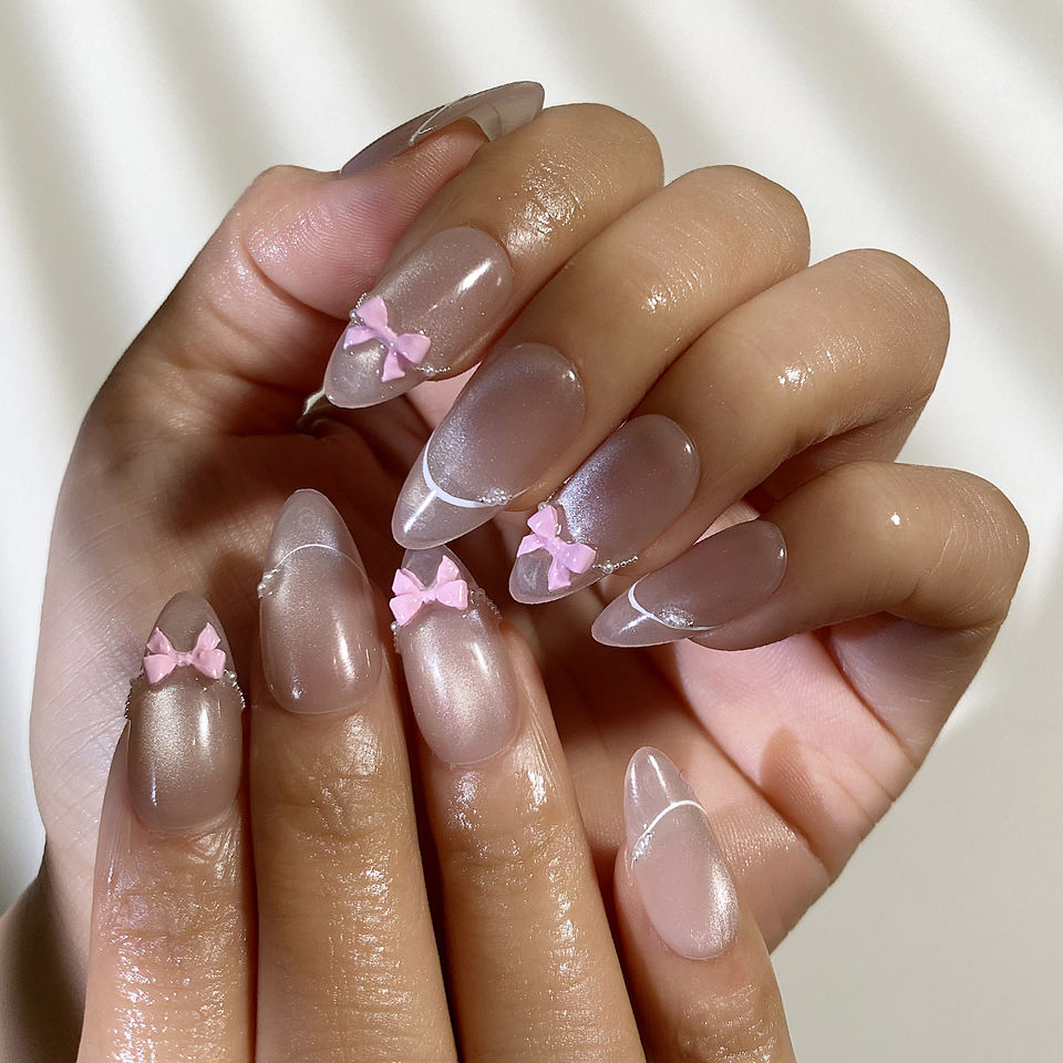 Elegant Pink Bow Press-on Almond Nails with Silver Accents