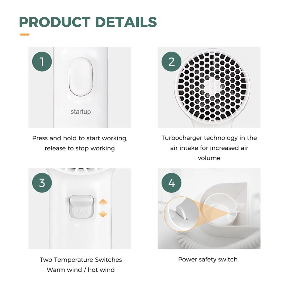 2025 New Design Hotel Bathroom Wall Mounted ABS 1300W Overheat Protection Electric Hair Dryer