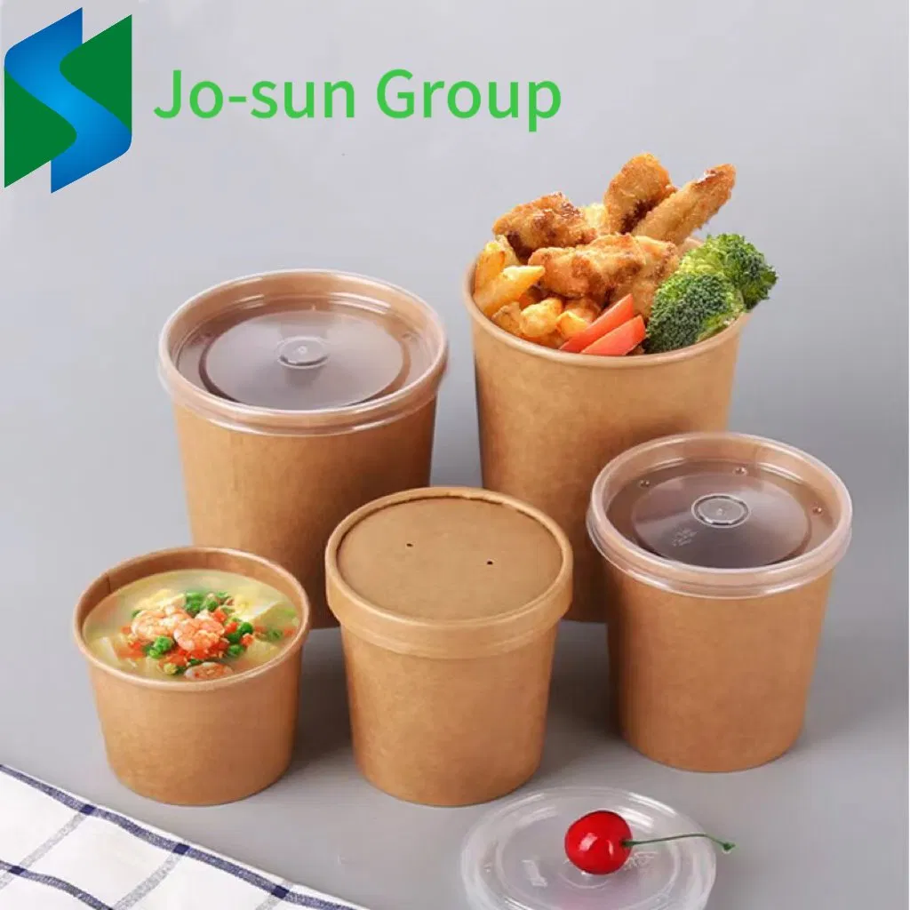 Jo-Sun Eco Disposable Kraft Paper Soup Cup Bowl with Paper Lid Take Away Lunch Packing Takeout Food Packaging Bucket