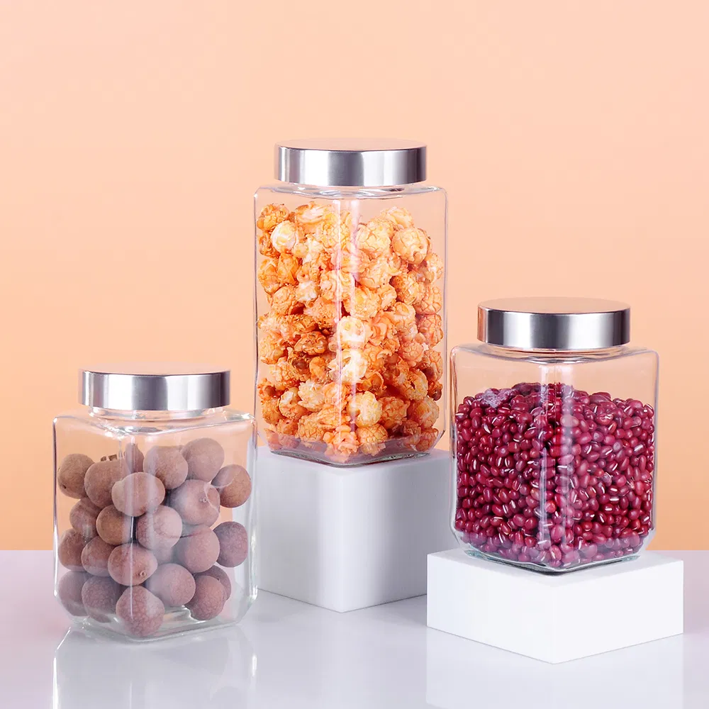 800ml 1200ml 1500ml 2000ml Square Shape Decorative Glass Jar Flint Candy Jar