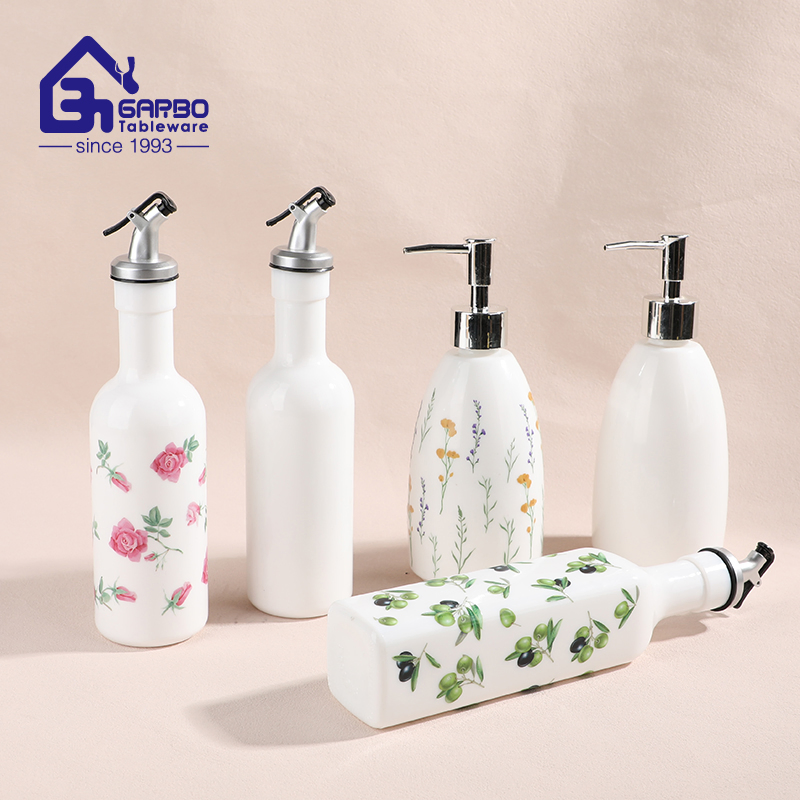 New Printing Decal White Opal Glass Bottles with Pump for Shampoo Body Lotion Oil Sauce Liquid Customized Perfume Bottle