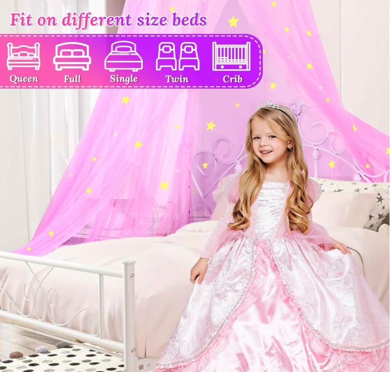 Princess Bed Canopy for Girls Room with Glowing Stars Ceiling Bed Canopy Curtains for Twin Full Size Beds Ideal Gift for Girls Pink