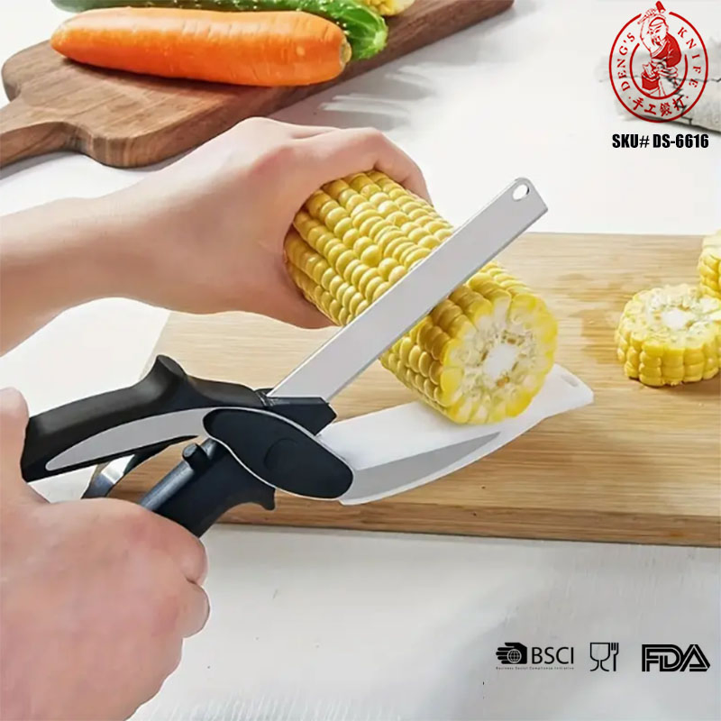 Ds-6616 Stainless Steel Vegetable Scissors Fruit Cutter, Veggie Slicer Scissors Food Chopper - Plus Knife Sharpener - 2 in 1 Scissor Cutting Board Slicer