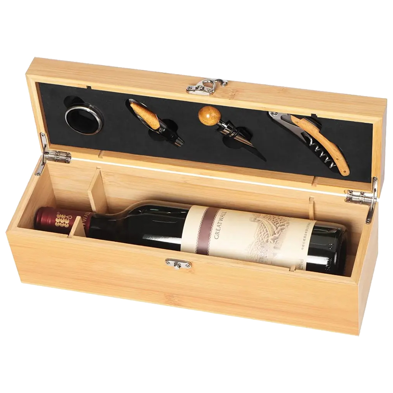 Bamboo Wood Wine Gift Box with Accessories, Wine Case with Tools Set