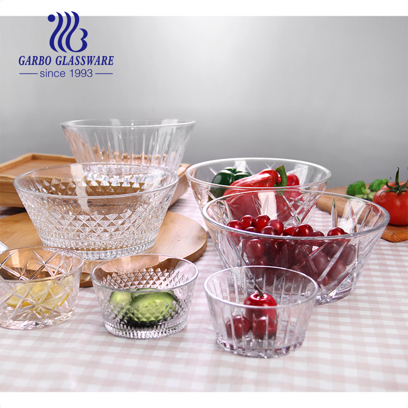 1 Big and 6 Small Salad Bowls Set Engraved Design Glass Bowl Round Shape Fruit Serving 7PCS Glass Fruit Food Serving Bowls Set
