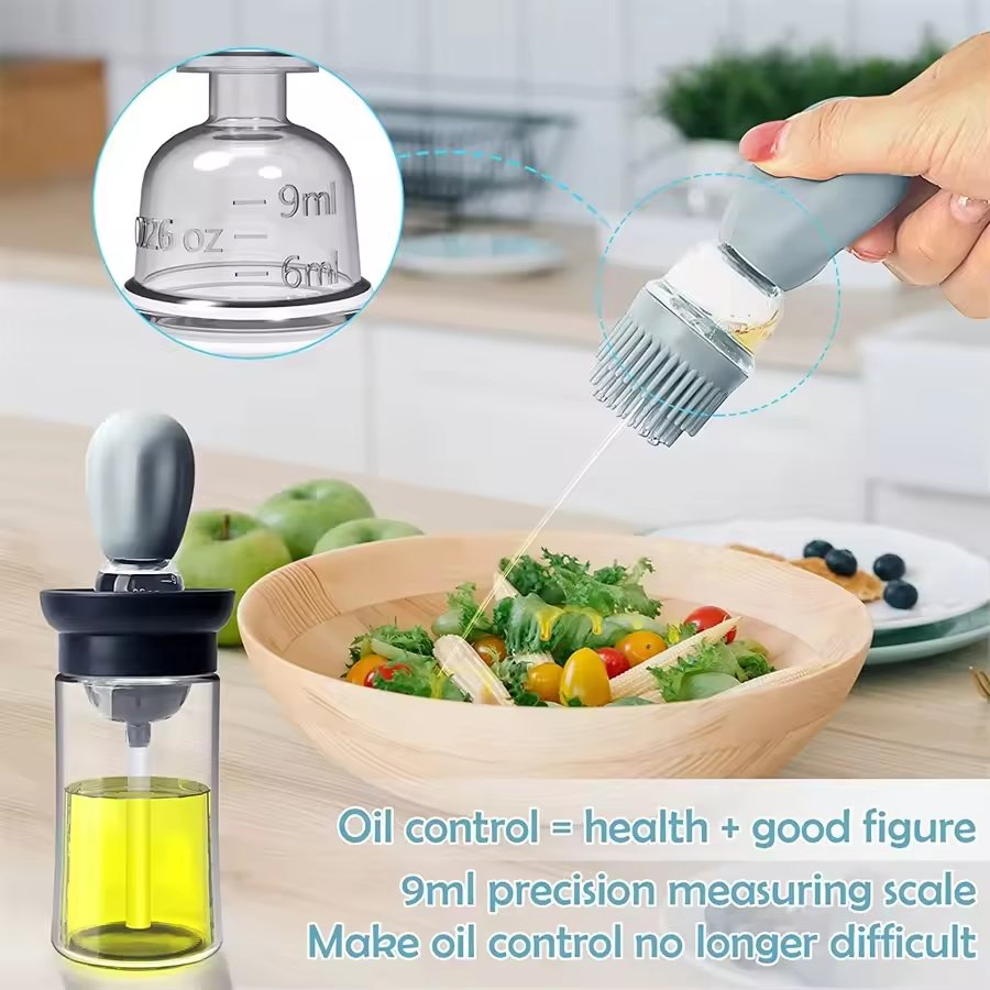 2 in 1 Glass Oil Brush Bottle Glass Olive Oil Dispenser with Silicone Oil Brush for Cooking Baking BBQ Grill