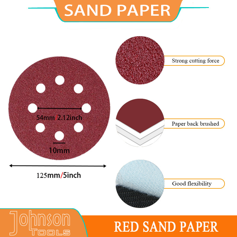 Premium 8 Hole 5 Inch Red Hook and Loop Aluminum Oxide Polishing Sanding Disc for Drywall