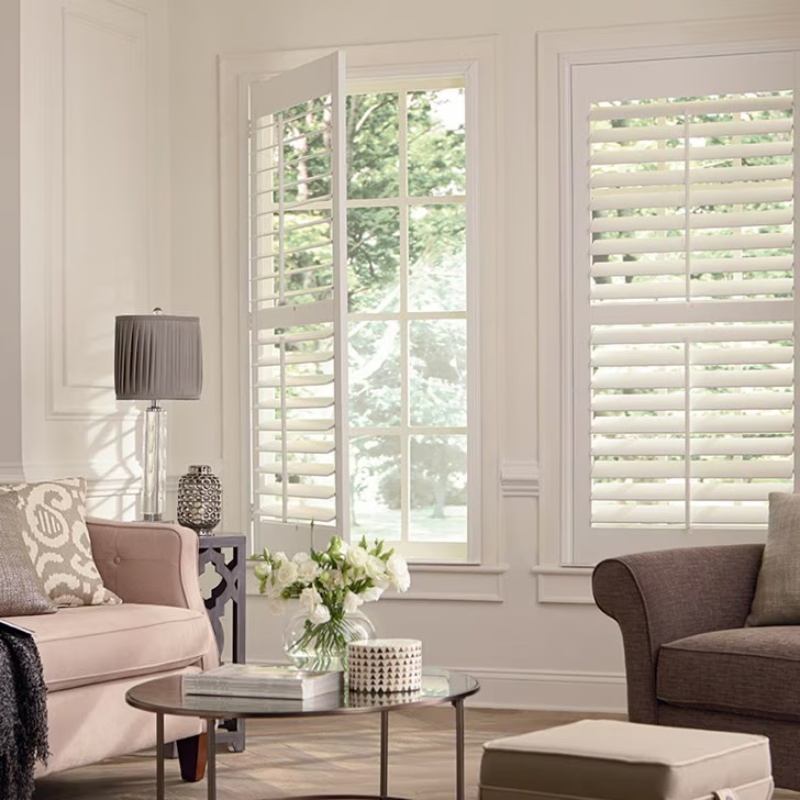 White Real Wood Plantation Shutters with PVC Blinds Modern Design Bay Window Sliding Roller Louver England