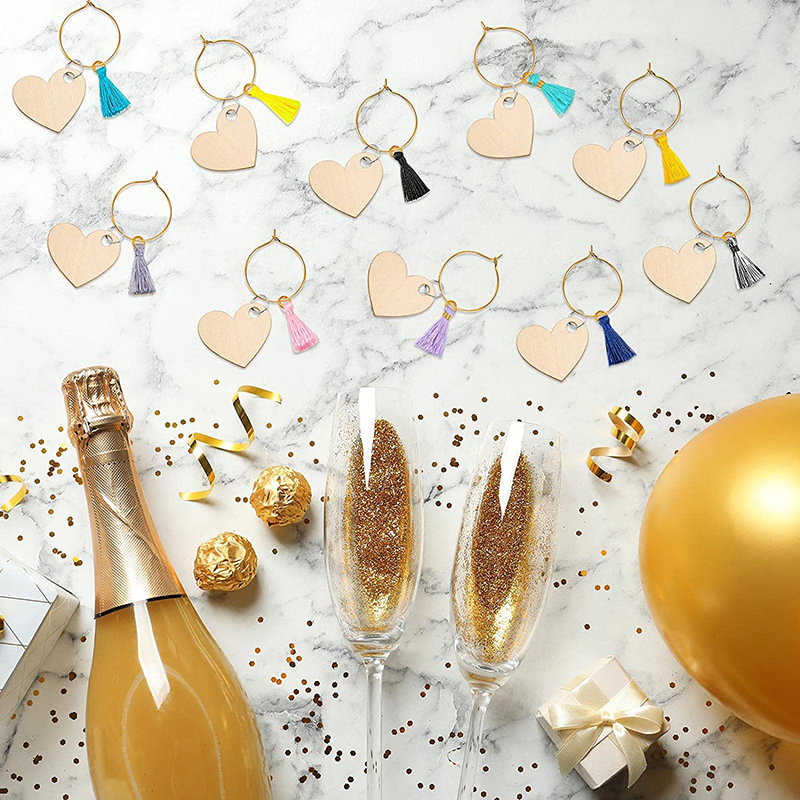 Custom Maple Poywood Wng Gwp Champaign Glass Tag Valentine′ S Day Party Creative Wine Glass Ring Recognizer Wood Love Decoration Tassel Wine Glass Ring