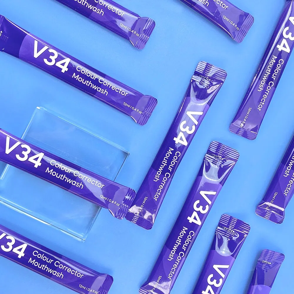 Oral Care 12ml V34 Mouthwash with 20 Pouches Inside Bright Smile Purple V34 Colour Corrector Mouthwash Private Logo