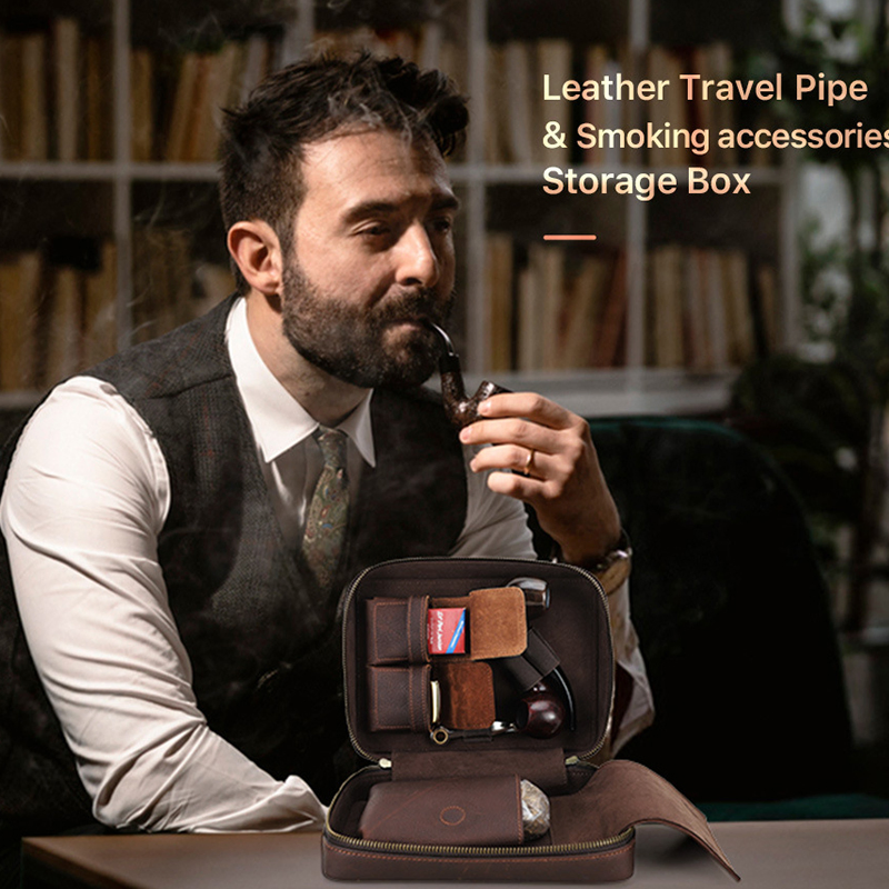 Ga170 Wholesale Industrial Empty Packaging Upper Pipe Smoking Pouch Bags Cigar Kit Raw Smoked Zipper Gift Vintage Genuine Leather Chew Tobacco Bag