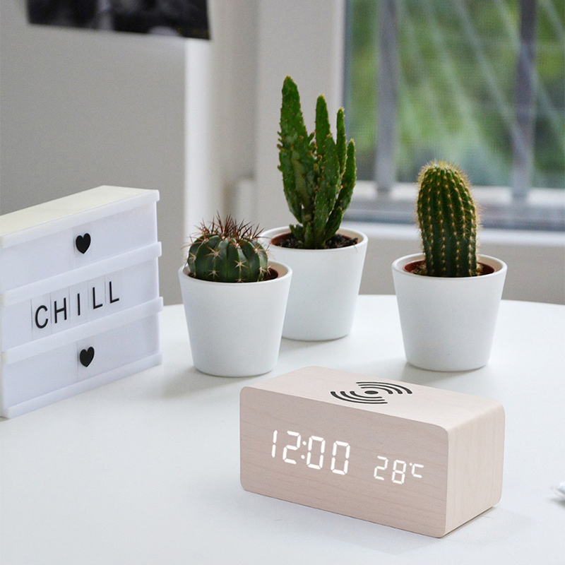 Wood LED Alarm Clock with Phone Wireless Charger