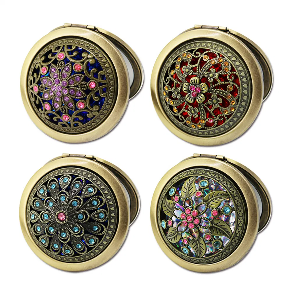 Factory Wholesale Custom Logo Fashion Gift Folding Antique Brass Hollow Makeup Mirror LED Mirror Makeup