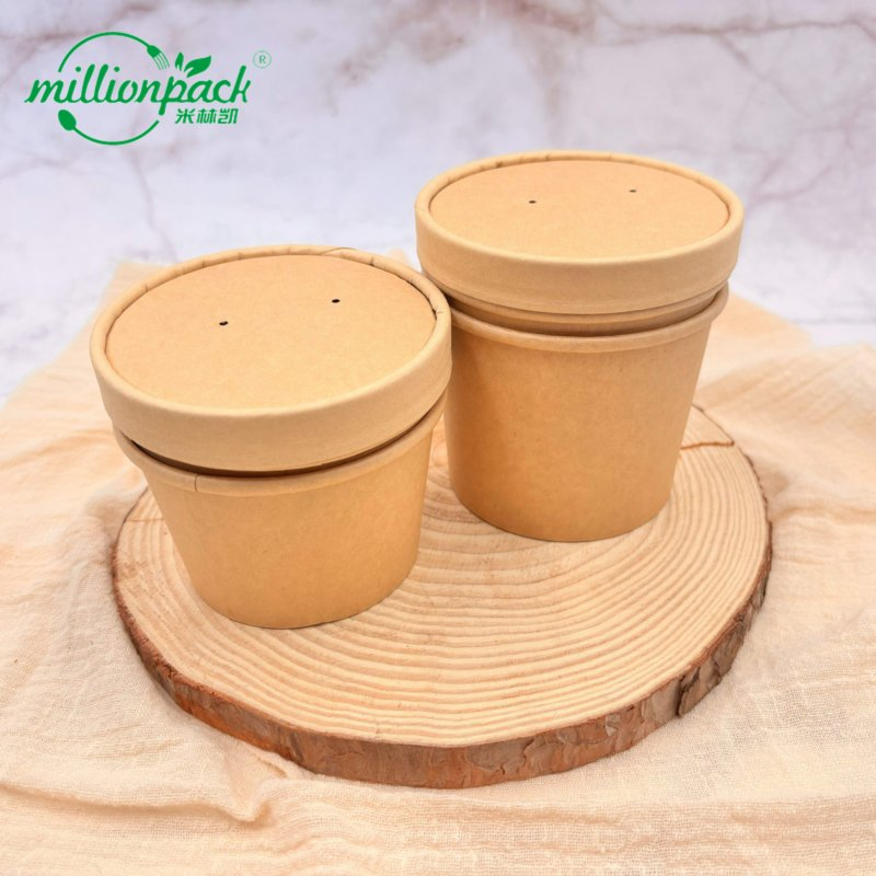 Customized 8/12/16/26/32 Oz Biodegradable Kraft Paper Soup Bowl with Strong Sealing