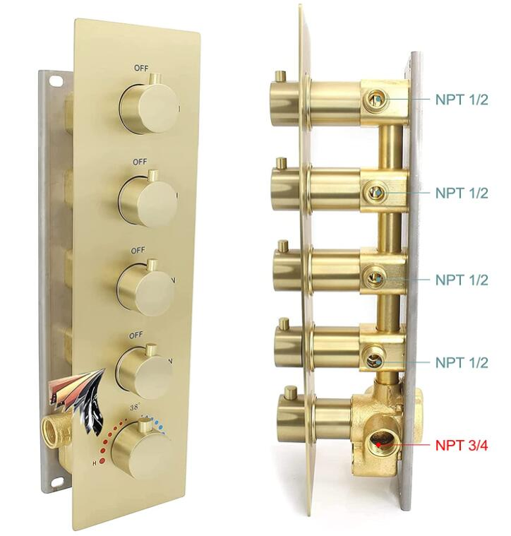 Brushed Gold Thermostatic Shower Mixing Valve with Diverter for 4 Position Shower
