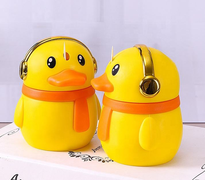 Stocked Yellow Baby Duck Shape Toothpick Dispenser Household Plastic Press Toothpick Holder