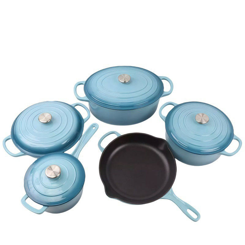 9 Piece Die-Cast Cast Iron Soup Pot Set Kitchen Non-Stick Enamel Cookware Set
