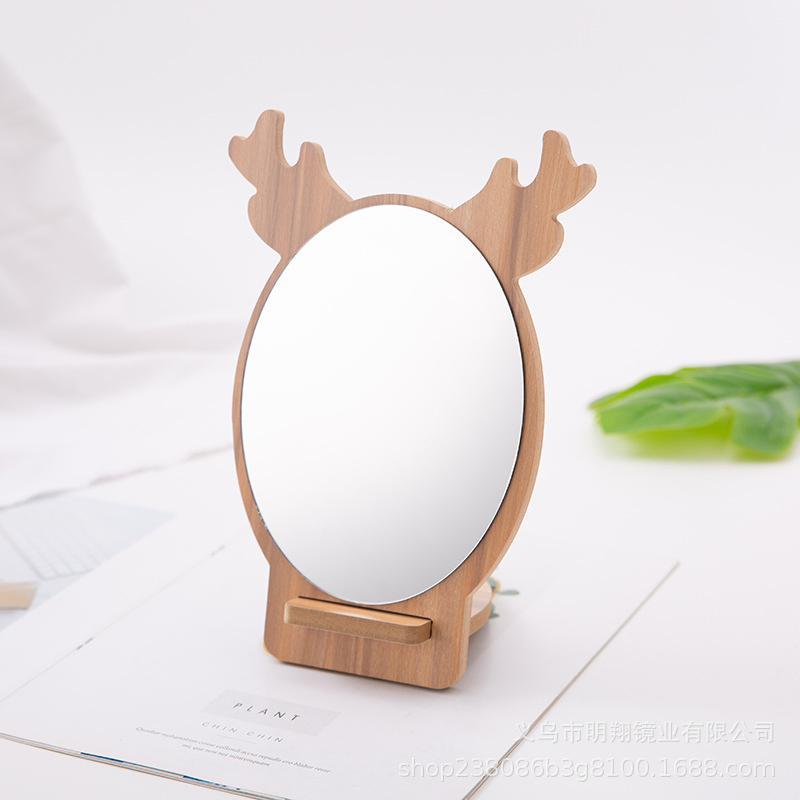 Cartoon Deer-Style Portable Bamboo Desktop Makeup Single-Sided Mirror