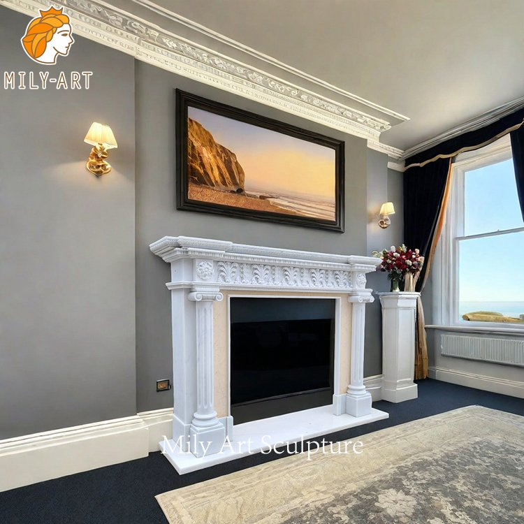 Vintage Villa Interior Hand Carved Beige Marble Column Fireplace Mantels