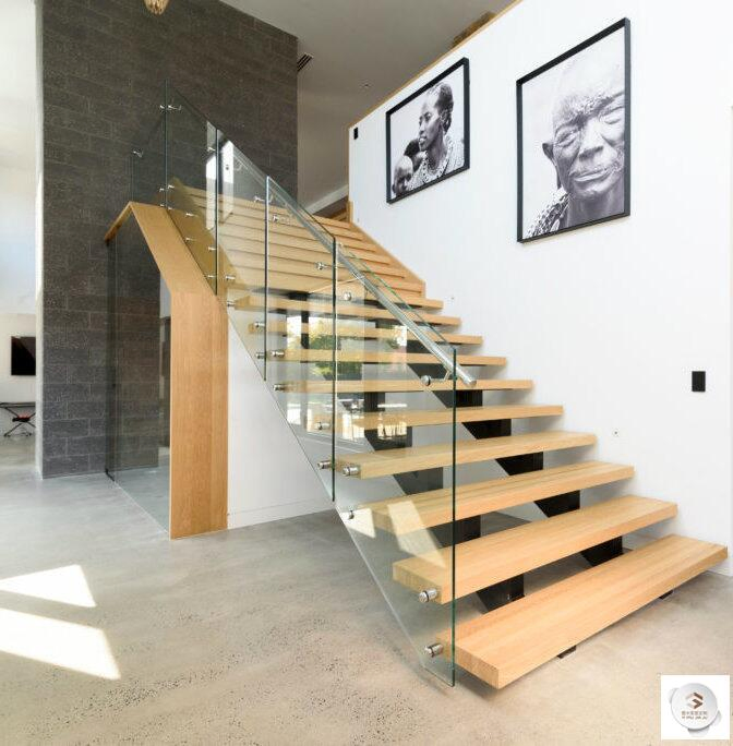 Wood Glass Straight Staircase Interior Mono Stringer House Design Wooden Stairs Glass Railing