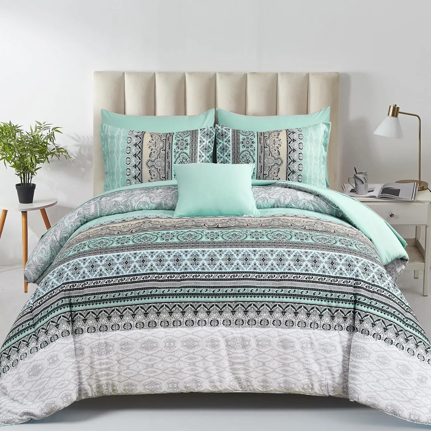Boho Comforter Set 8-Piece Polyester Soft Microfiber Complete Bedding Set Bohemian Striped Floral
