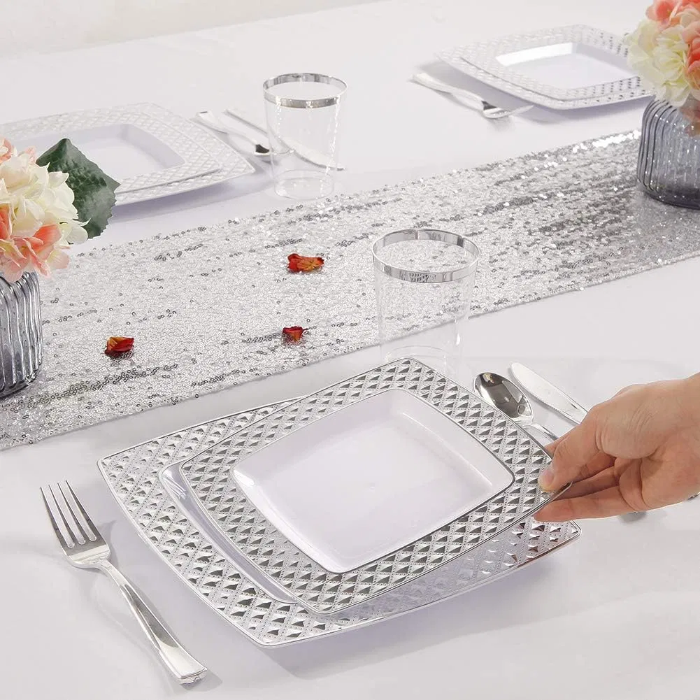 Elegant Silver Plastic Square Plates with Diamond Design