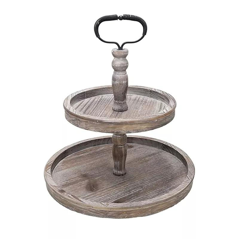 Farmhouse Vintage Distressed Wood Metal Handle 2 Tier Wooden Tray Cake Stand, Rustic Round 2 Tier Wooden Storage Serving Tray