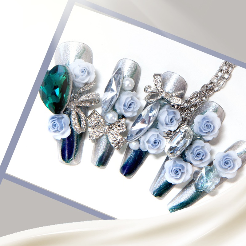 Luxury 3D Rose Press-on Nails with Stunning Crystal Chains