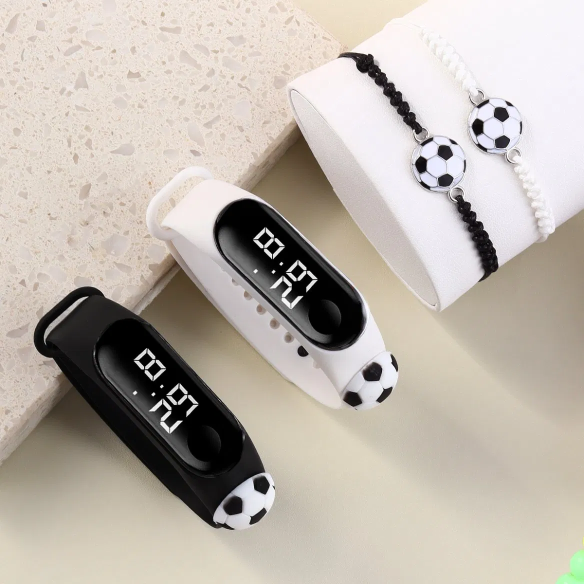 Black White Gift Watch Set Football Bracelet Couple Woven Bracelet