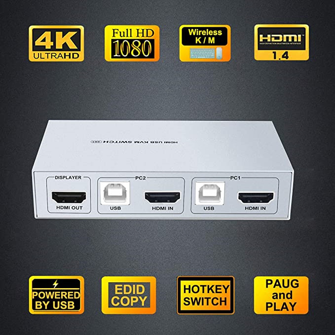KVM-переключатель HDMI 2x1, 4K 30 Гц, без питания