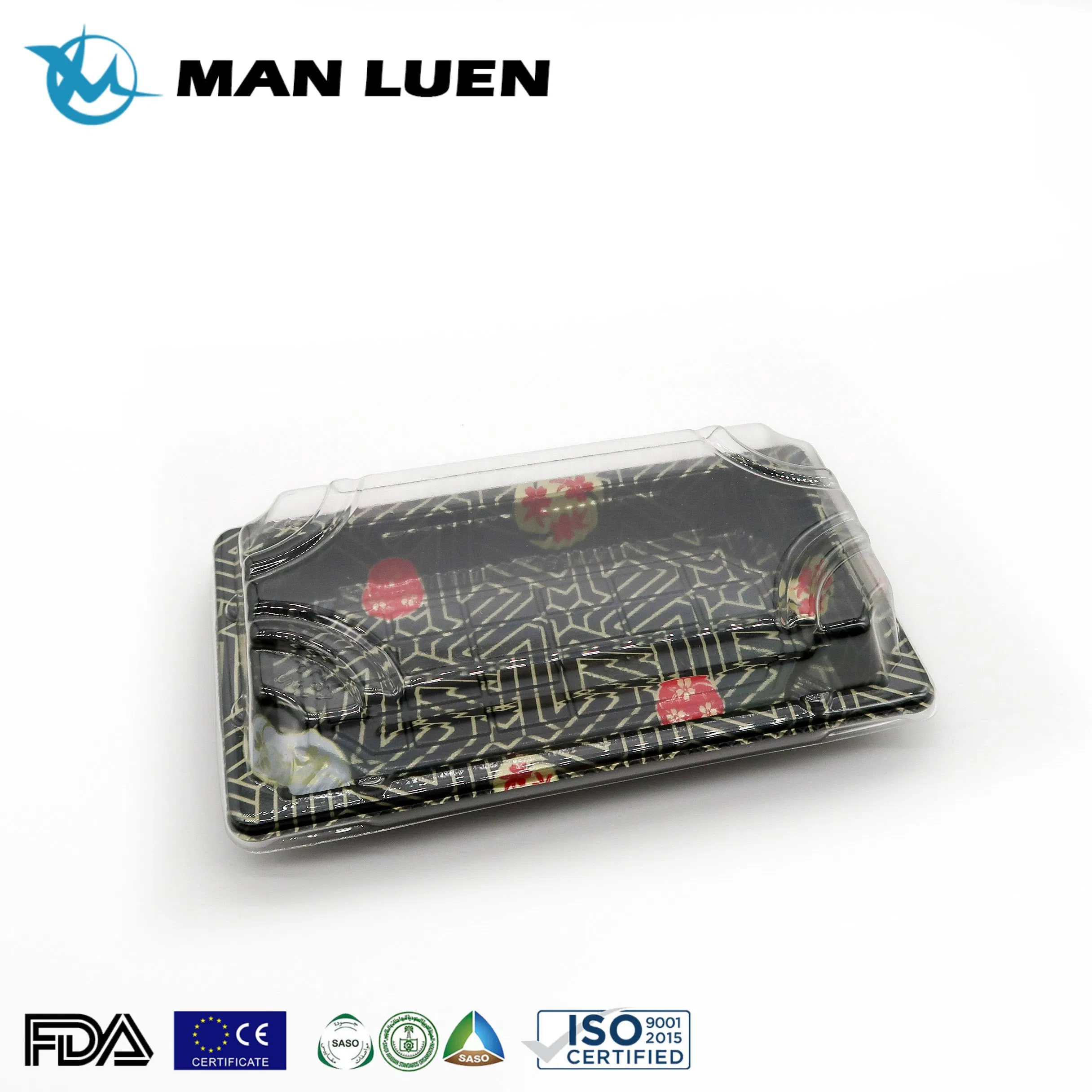 Disposable Japanese Plastic Take out Food Container to Go Small Rectangle Black Sakura Print Sushi Packaging Box