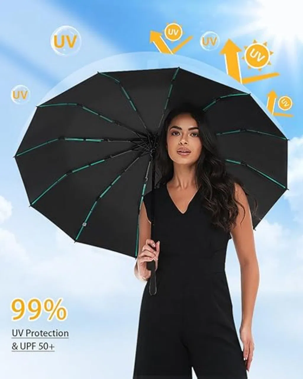Large Double-Ribs Umbrella Automatic Folding Umbrella for Women Men, Travel, Upf 50+ UV Protection, 46-Inch, 12 Ribs