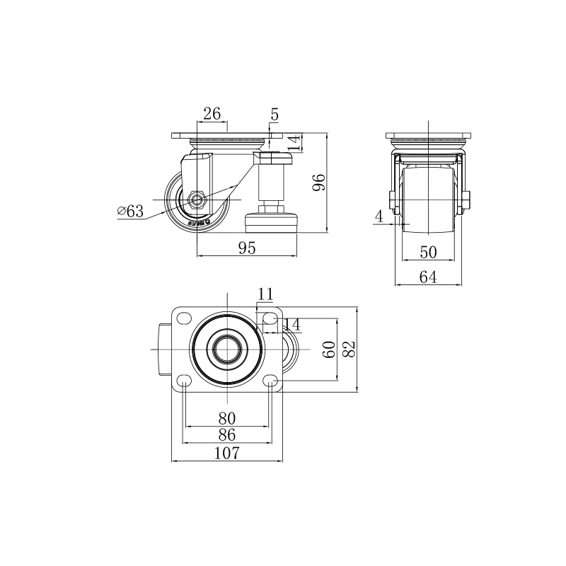 K-102-2 Nylon Caster with Brake for Industrial Equipment Machinery and Trolleys