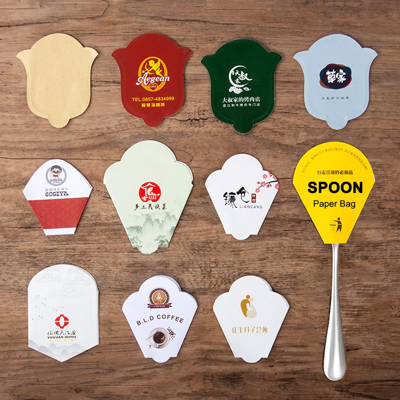 Custom Logo Spoon Cutlery Paper Bag Sleeve Cover Disposable Restaurant Hotel Knife Fork Flatware Silverware Paper Pouch Pocket