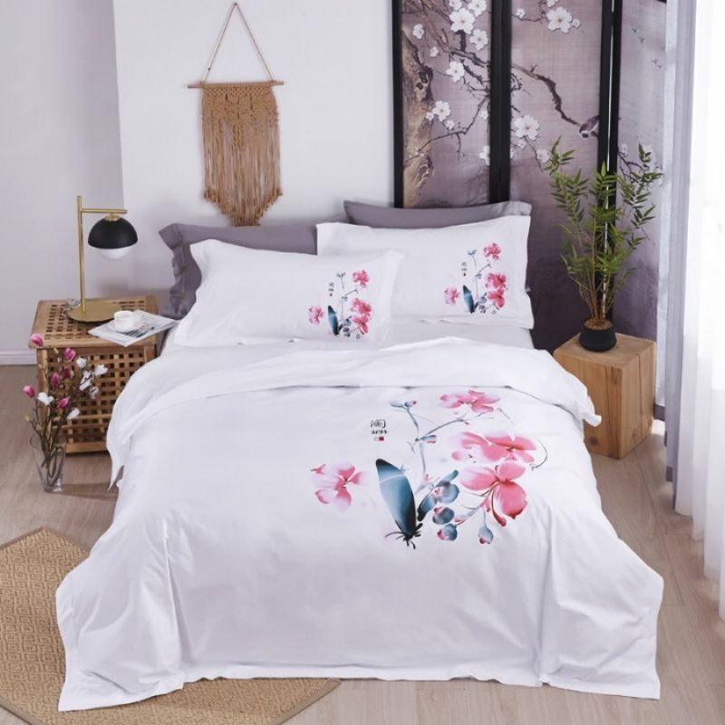 High Grade Hotel Textile Bedding Supplies 60s Cotton Satin Floral Plant Jet Printing Duvet Quilt Comforter Cover Guesthouse Bed Sheets ODM/OEM White Bedding Set