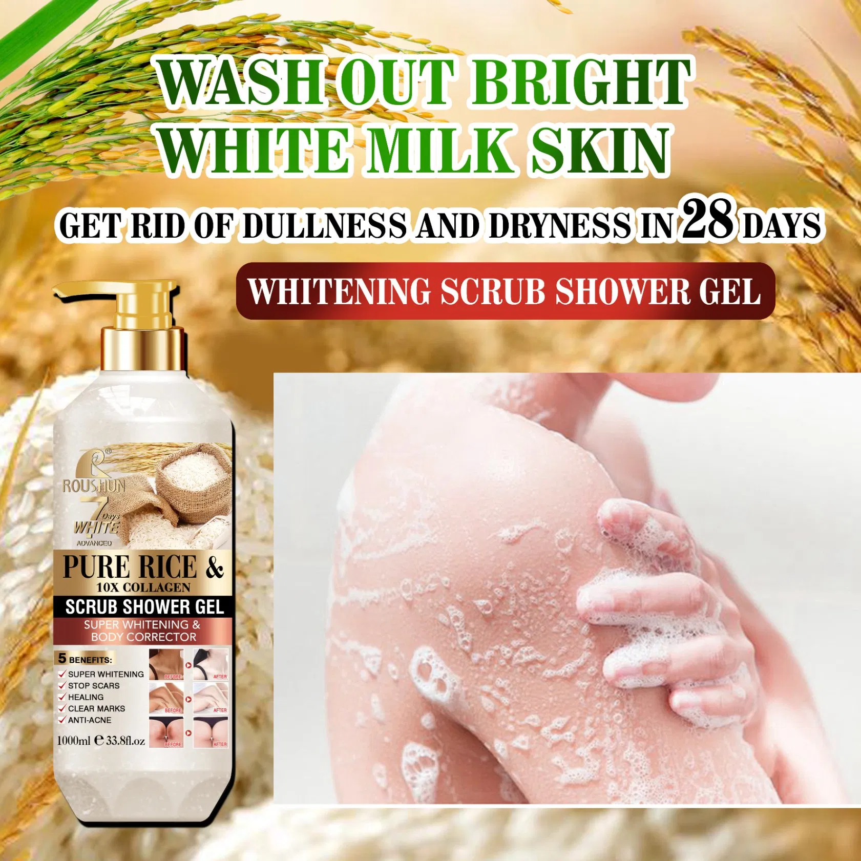 Roushun 1000ml Exfoliating Deep Cleansing Whitening Pure Rice Shower Gel Used on Bath