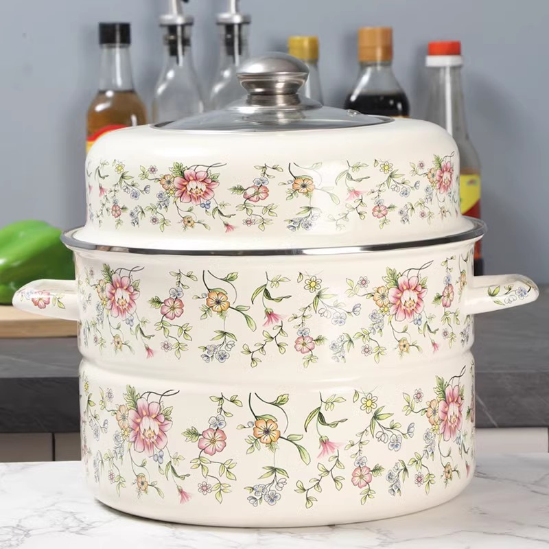 Enamel Multi-Layer Steamer with Visible Lid