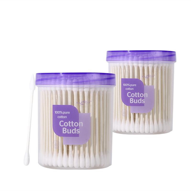Purple Cylinder with Cover 100 Wooden /Paper Sticks Double-End Round Head Pointed Cosmetic Cotton Swabs